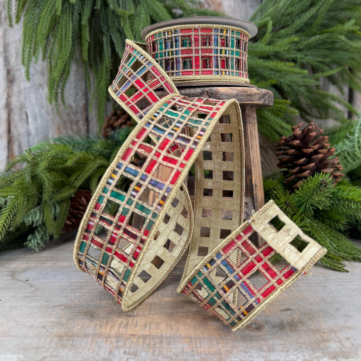 2.5" Traditional Christmas Plaid Ribbon, Farrisilk Ribbon, Window Plaid Ribbon, Traditional Plaid Ribbon, Gold Christmas Plaid, RJ019-32