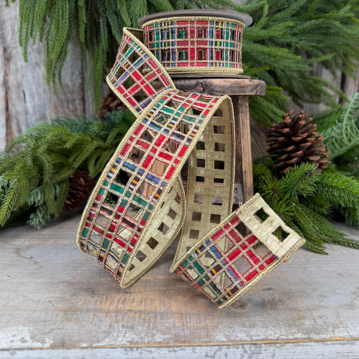 2.5" Traditional Christmas Plaid Ribbon, Farrisilk Ribbon, Window Plaid Ribbon, Traditional Plaid Ribbon, Gold Christmas Plaid, RJ019-32