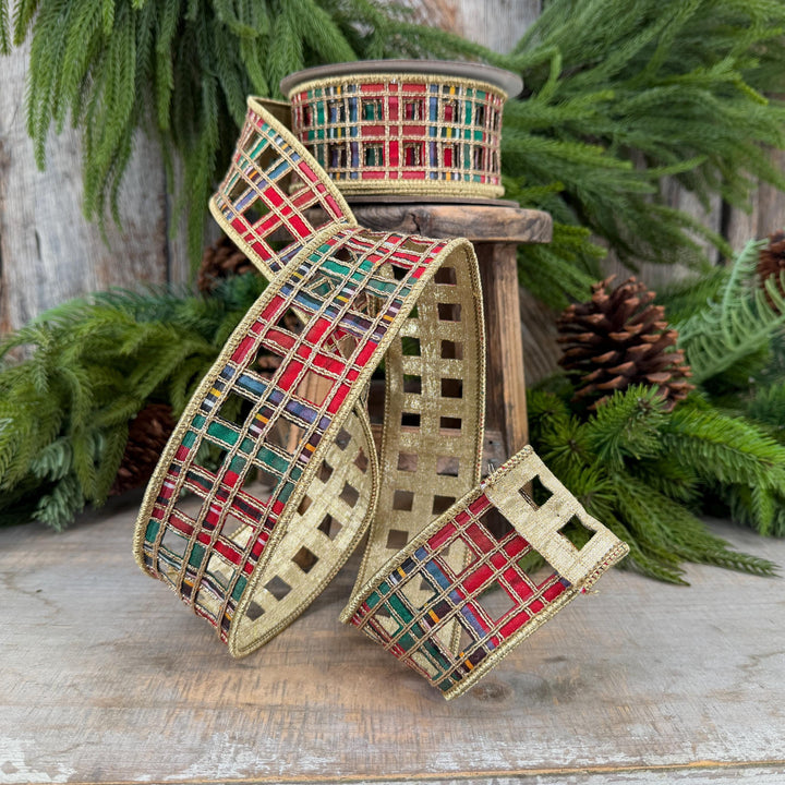 2.5" Traditional Christmas Plaid Ribbon, Farrisilk Ribbon, Window Plaid Ribbon, Traditional Plaid Ribbon, Gold Christmas Plaid, RJ019-32