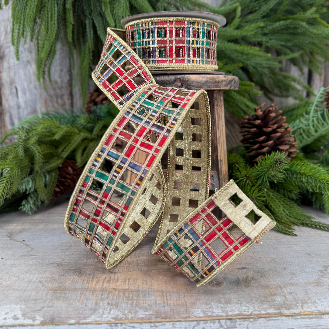 2.5" Traditional Christmas Plaid Ribbon, Farrisilk Ribbon, Window Plaid Ribbon, Traditional Plaid Ribbon, Gold Christmas Plaid, RJ019-32