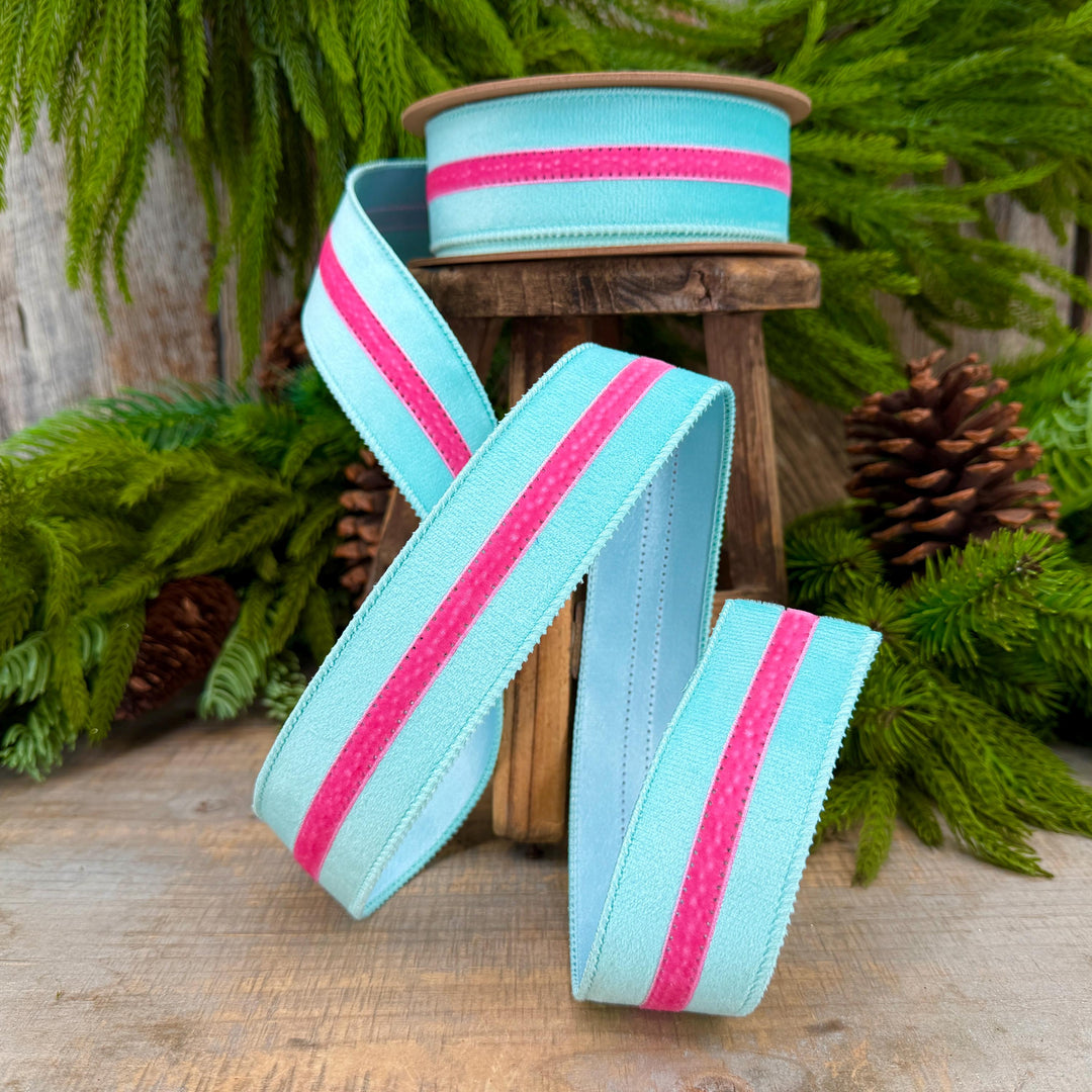 1.5” Blue Velvet Wired Ribbon with Hot Pink Trim, Velvet Stripe Ribbon