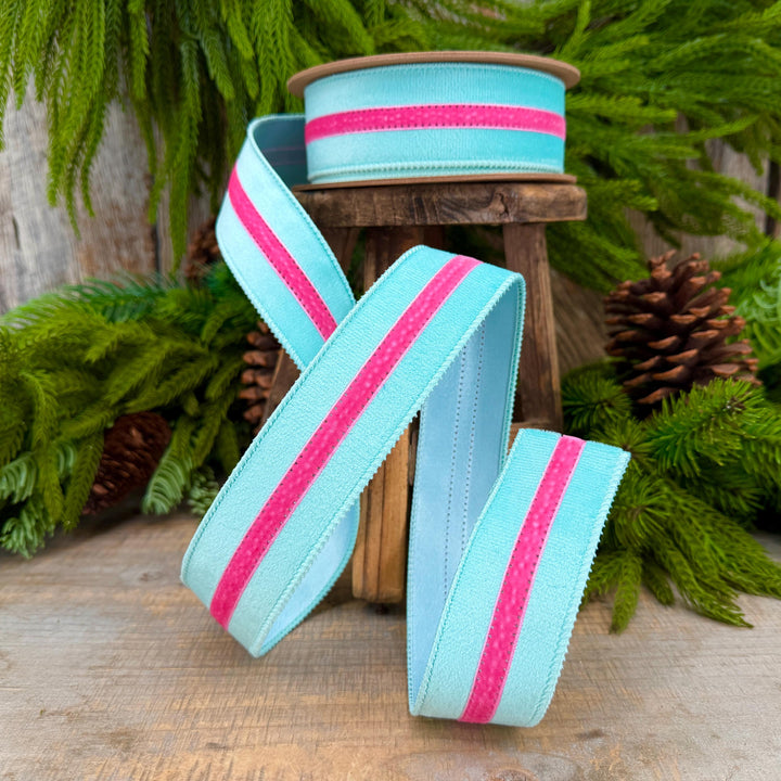 1.5” Blue Velvet Wired Ribbon with Hot Pink Trim, Velvet Stripe Ribbon