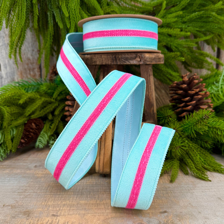 1.5” Blue Velvet Wired Ribbon with Hot Pink Trim, Velvet Stripe Ribbon