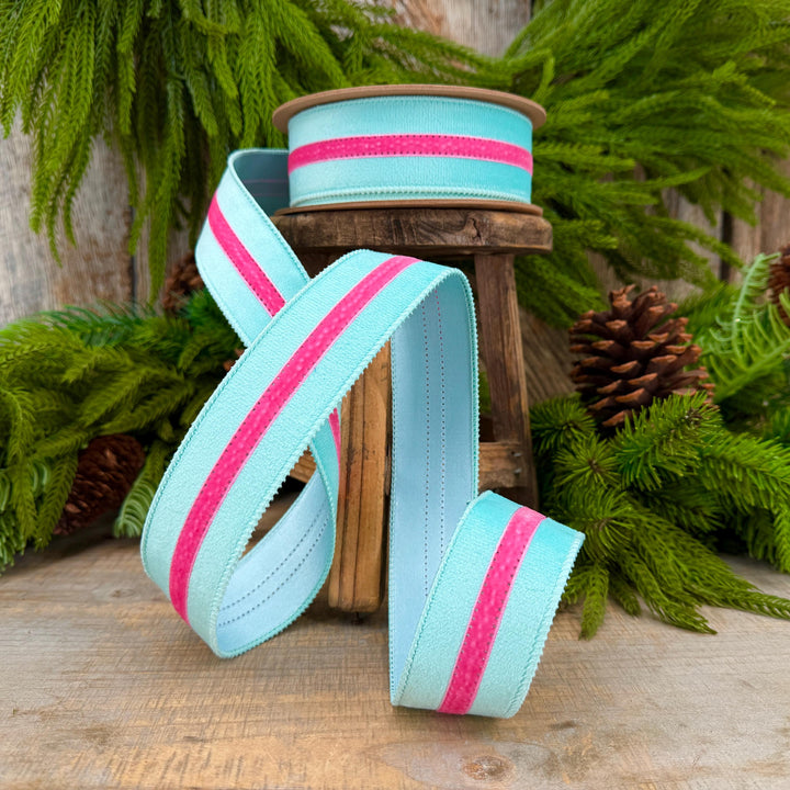 1.5” Blue Velvet Wired Ribbon with Hot Pink Trim, Velvet Stripe Ribbon