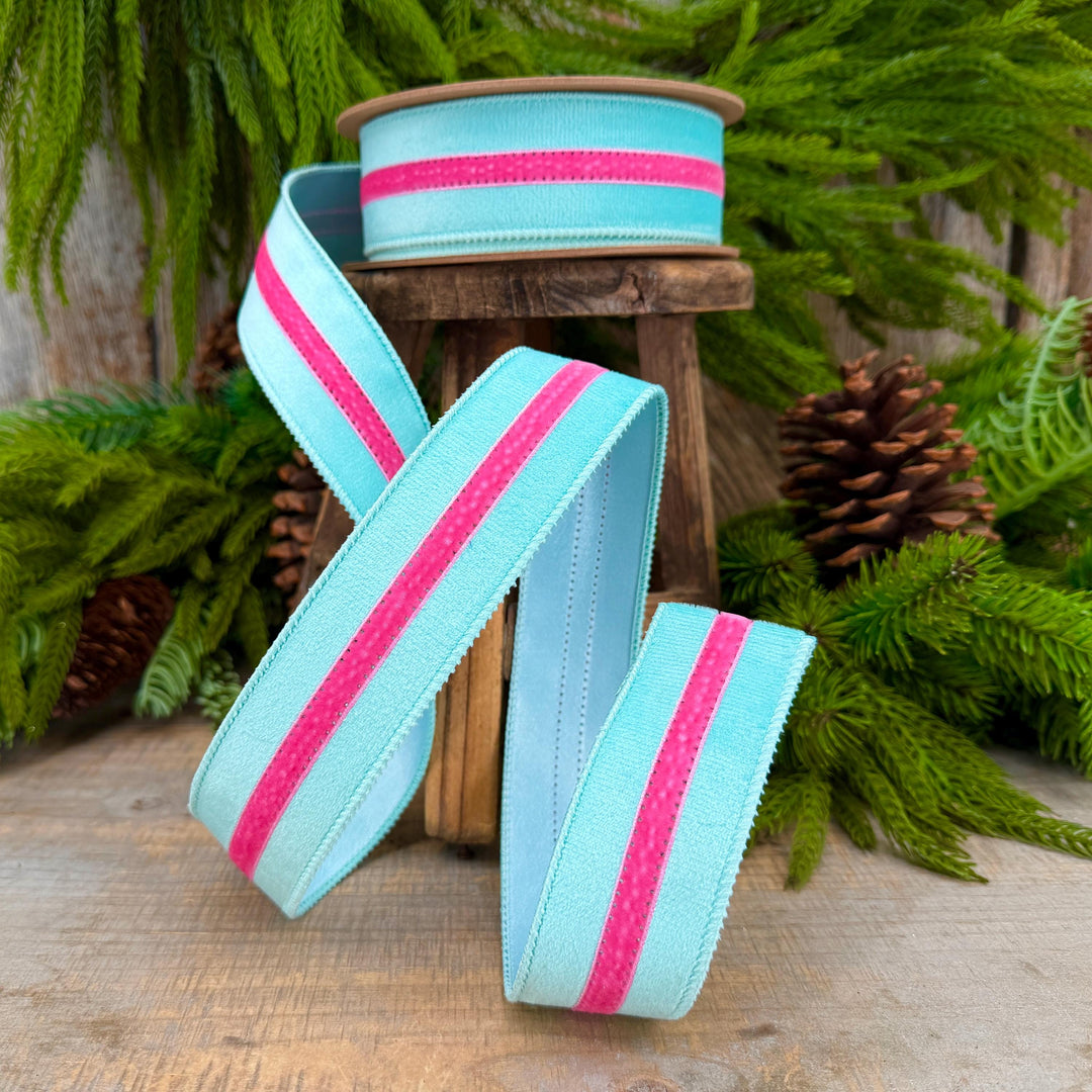 1.5” Blue Velvet Wired Ribbon with Hot Pink Trim, Velvet Stripe Ribbon