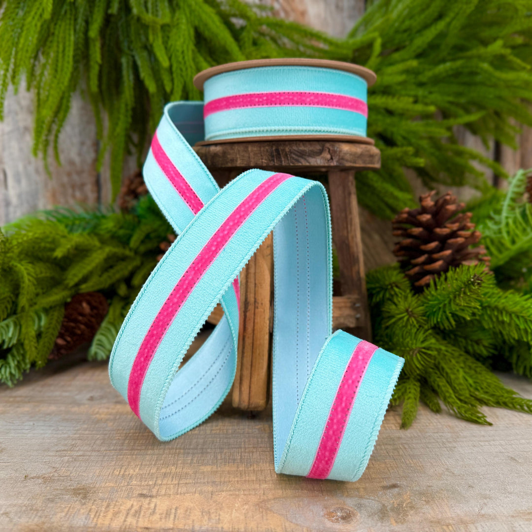 1.5” Blue Velvet Wired Ribbon with Hot Pink Trim, Velvet Stripe Ribbon