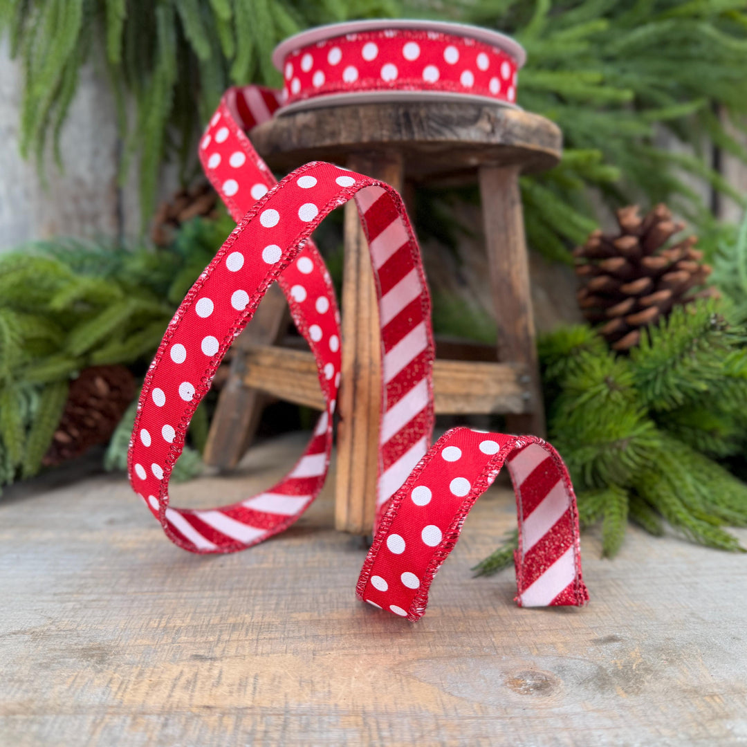 7/8" Red White Polka Dot &amp; Glitter Candy Stripe Wired Ribbon, 10 Yard Roll