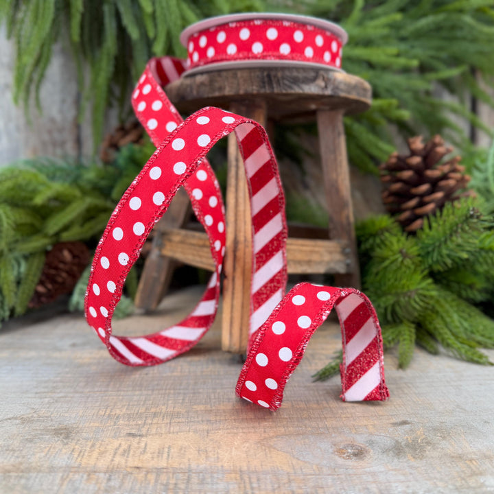 7/8" Red White Polka Dot &amp; Glitter Candy Stripe Wired Ribbon, 10 Yard Roll