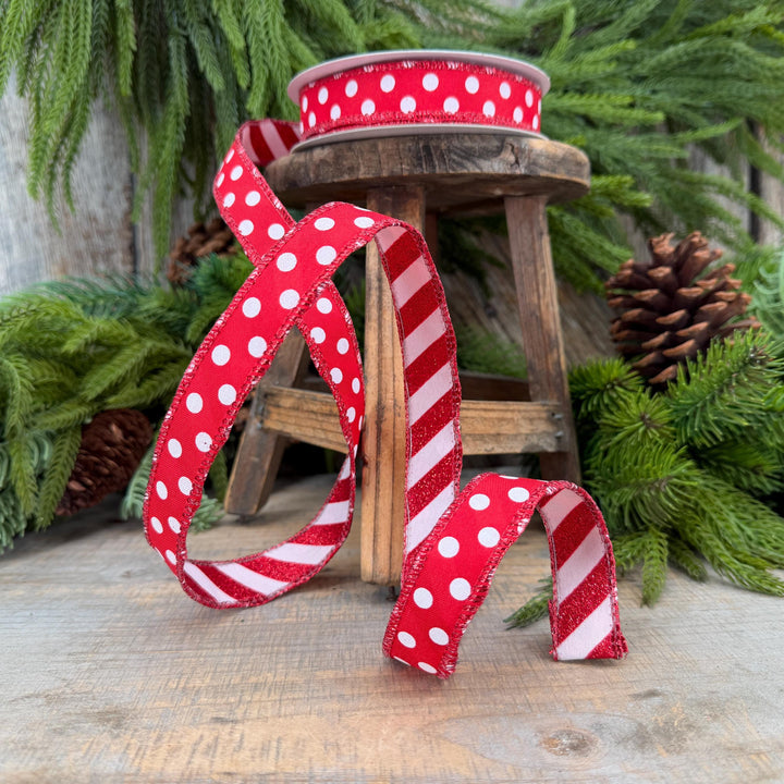 7/8" Red White Polka Dot &amp; Glitter Candy Stripe Wired Ribbon, 10 Yard Roll