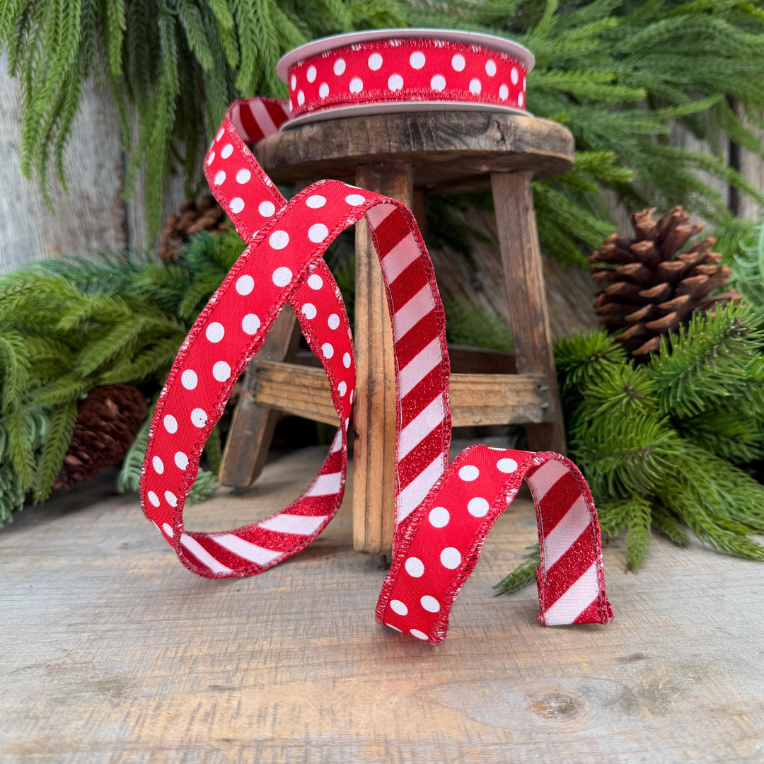 7/8" Red White Polka Dot &amp; Glitter Candy Stripe Wired Ribbon, 10 Yard Roll