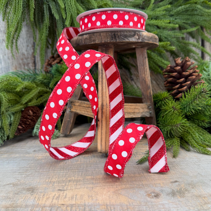 7/8" Red White Polka Dot &amp; Glitter Candy Stripe Wired Ribbon, 10 Yard Roll