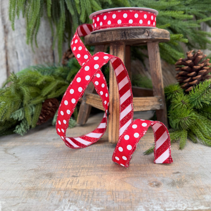 7/8" Red White Polka Dot &amp; Glitter Candy Stripe Wired Ribbon, 10 Yard Roll