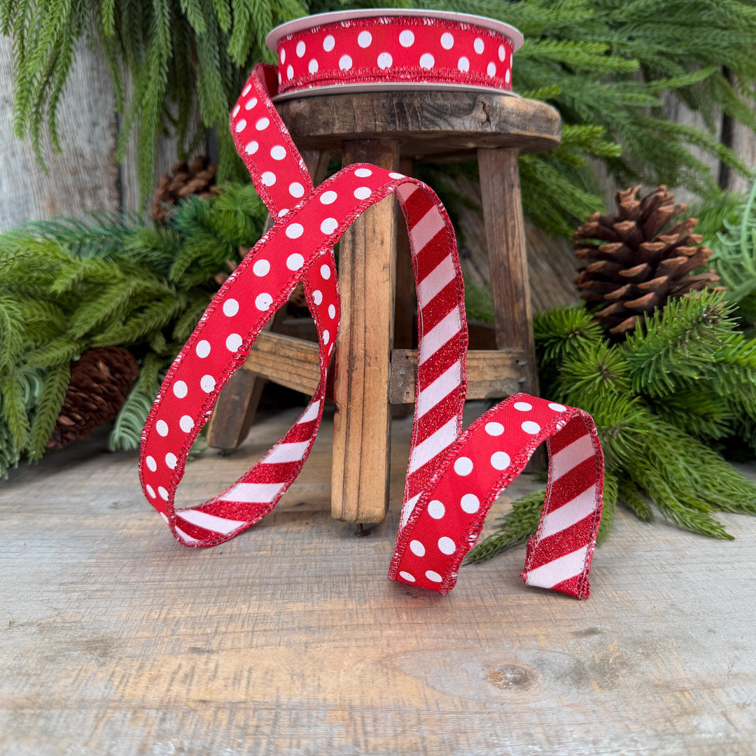 7/8" Red White Polka Dot &amp; Glitter Candy Stripe Wired Ribbon, 10 Yard Roll