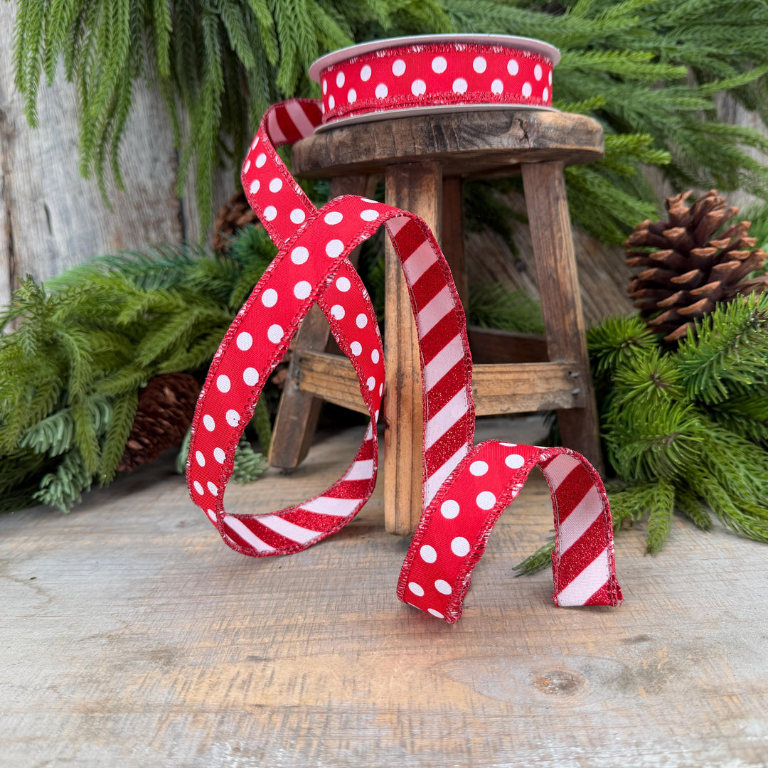 7/8" Red White Polka Dot &amp; Glitter Candy Stripe Wired Ribbon, 10 Yard Roll