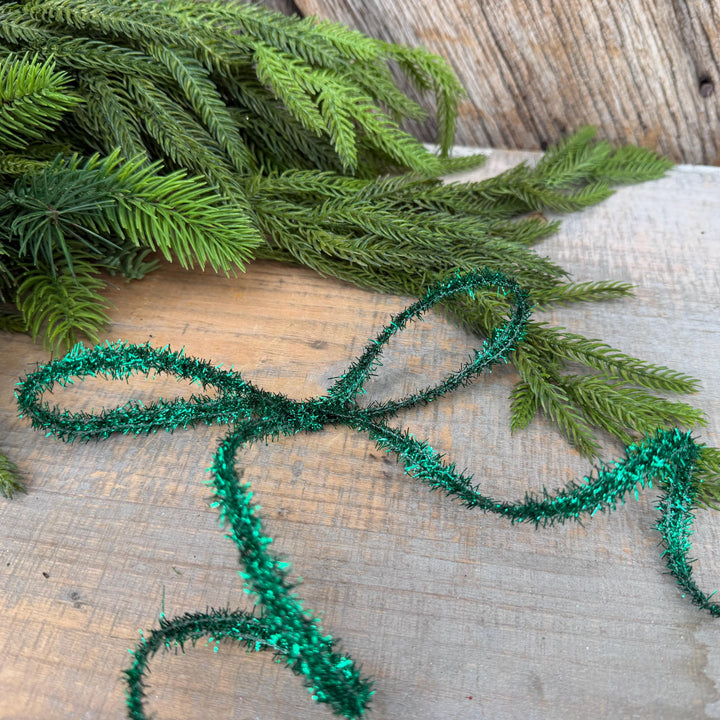 Green Tinsel Christmas Ribbon: 3/8" Wired Gift Wrap