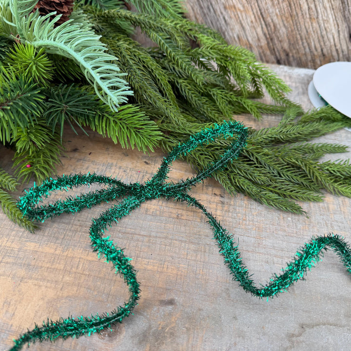 Green Tinsel Christmas Ribbon: 3/8" Wired Gift Wrap