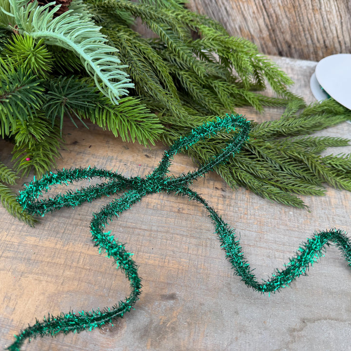 Green Tinsel Christmas Ribbon: 3/8" Wired Gift Wrap