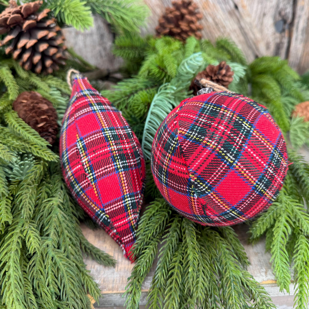 Set of 2 Red Plaid Christmas Ornaments, Tartan Fabric Holiday Ornaments