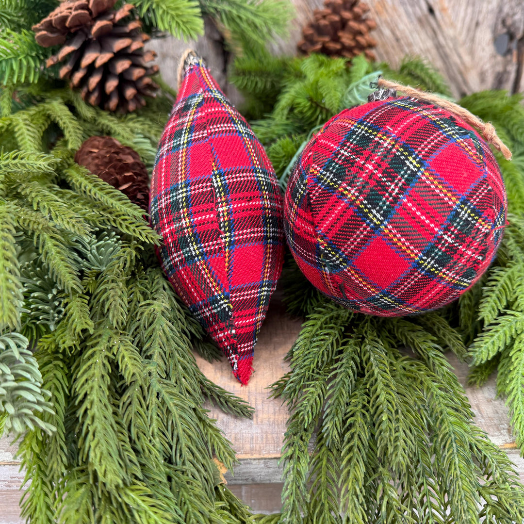 Set of 2 Red Plaid Christmas Ornaments, Tartan Fabric Holiday Ornaments