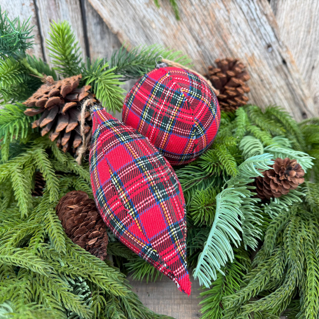 Set of 2 Red Plaid Christmas Ornaments, Tartan Fabric Holiday Ornaments