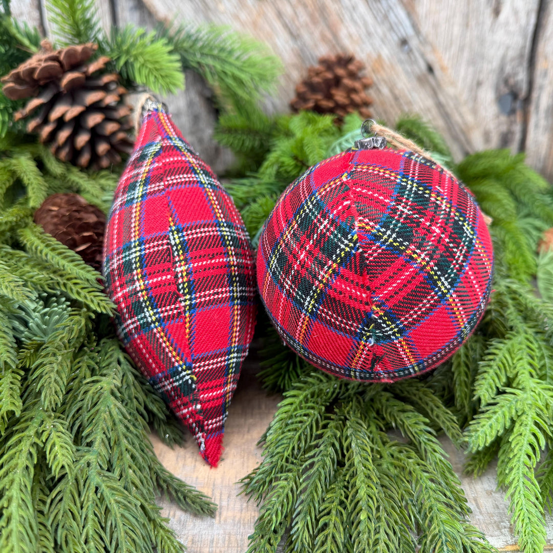 Set of 2 Red Plaid Christmas Ornaments, Tartan Fabric Holiday Ornaments