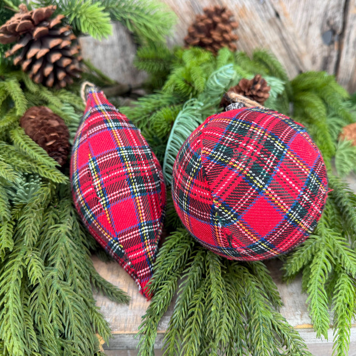 Set of 2 Red Plaid Christmas Ornaments, Tartan Fabric Holiday Ornaments