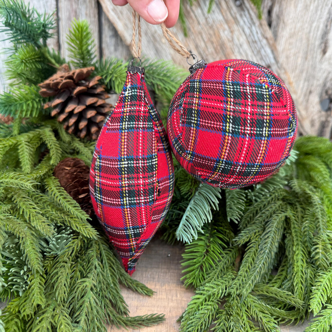 Set of 2 Red Plaid Christmas Ornaments, Tartan Fabric Holiday Ornaments