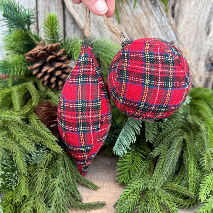 Set of 2 Red Plaid Christmas Ornaments, Tartan Fabric Holiday Ornaments
