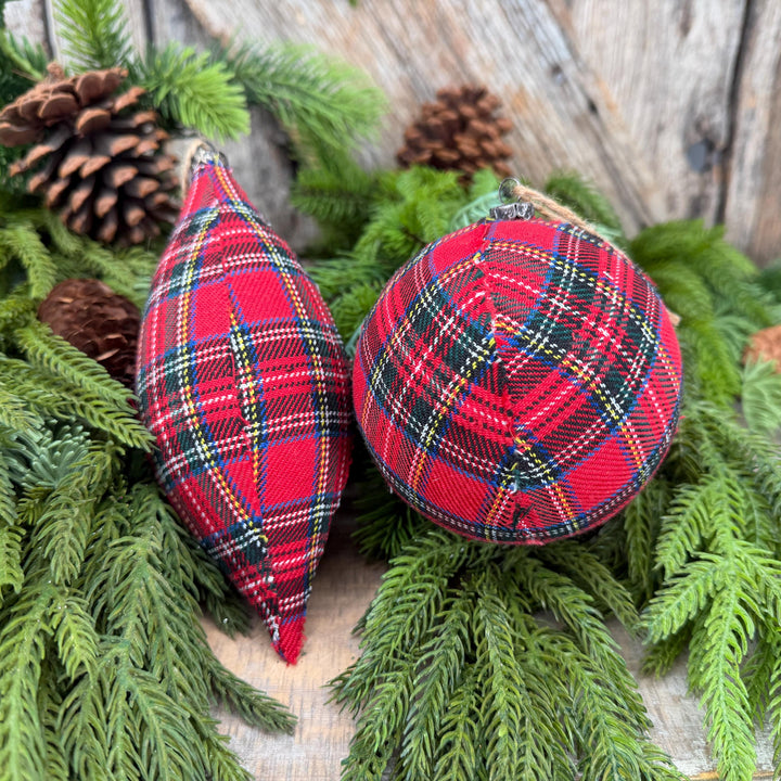 Set of 2 Red Plaid Christmas Ornaments, Tartan Fabric Holiday Ornaments