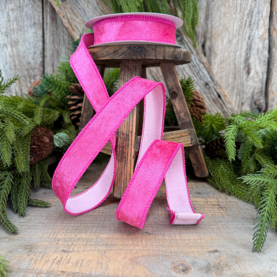 1" Hot Pink Velvet &amp; Pink Dupioni Double-Sided Wired Ribbon, 10 Yard Roll