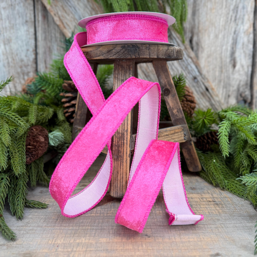 1" Hot Pink Velvet &amp; Pink Dupioni Double-Sided Wired Ribbon, 10 Yard Roll