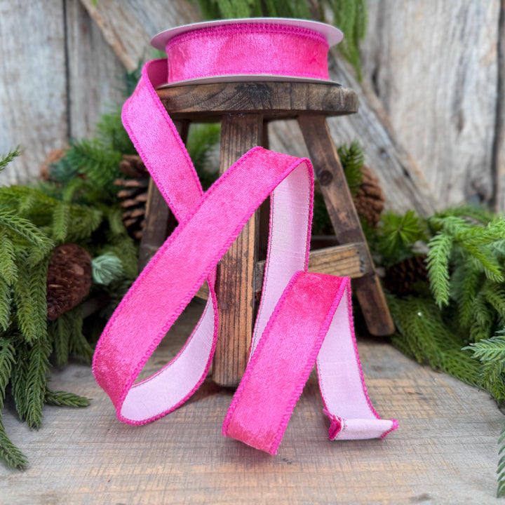 1" Hot Pink Velvet &amp; Pink Dupioni Double-Sided Wired Ribbon, 10 Yard Roll