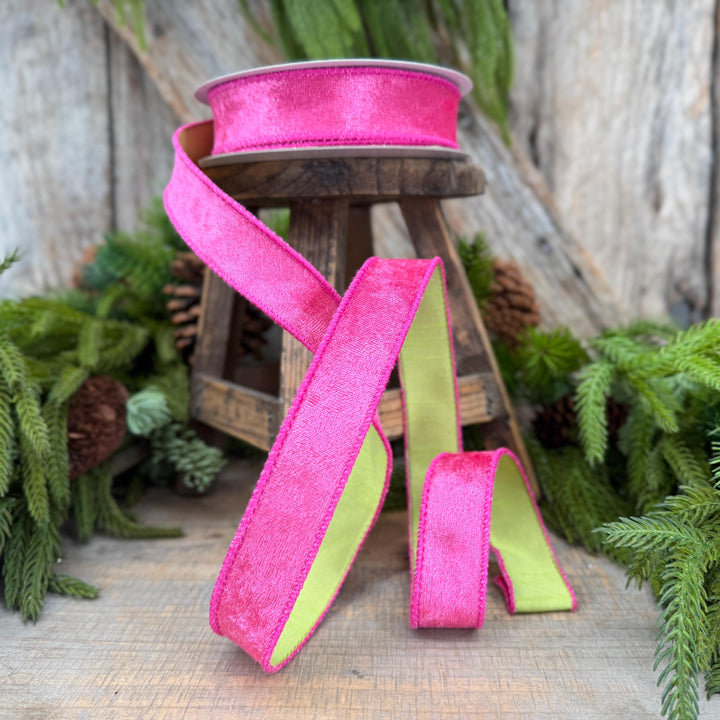 1" Hot Pink Velvet &amp; Lime Green Dupioni Double-Sided Wired Ribbon, 10 Yard Roll
