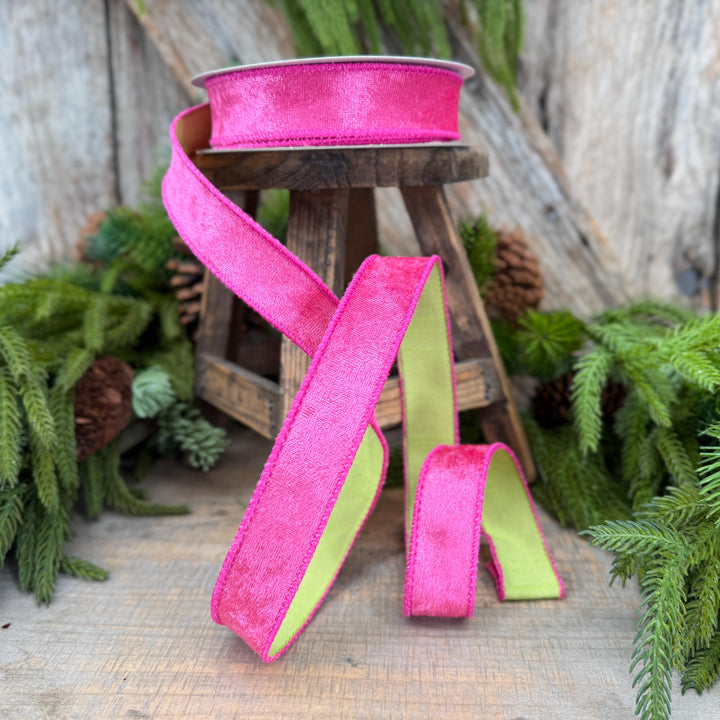 1" Hot Pink Velvet &amp; Lime Green Dupioni Double-Sided Wired Ribbon, 10 Yard Roll