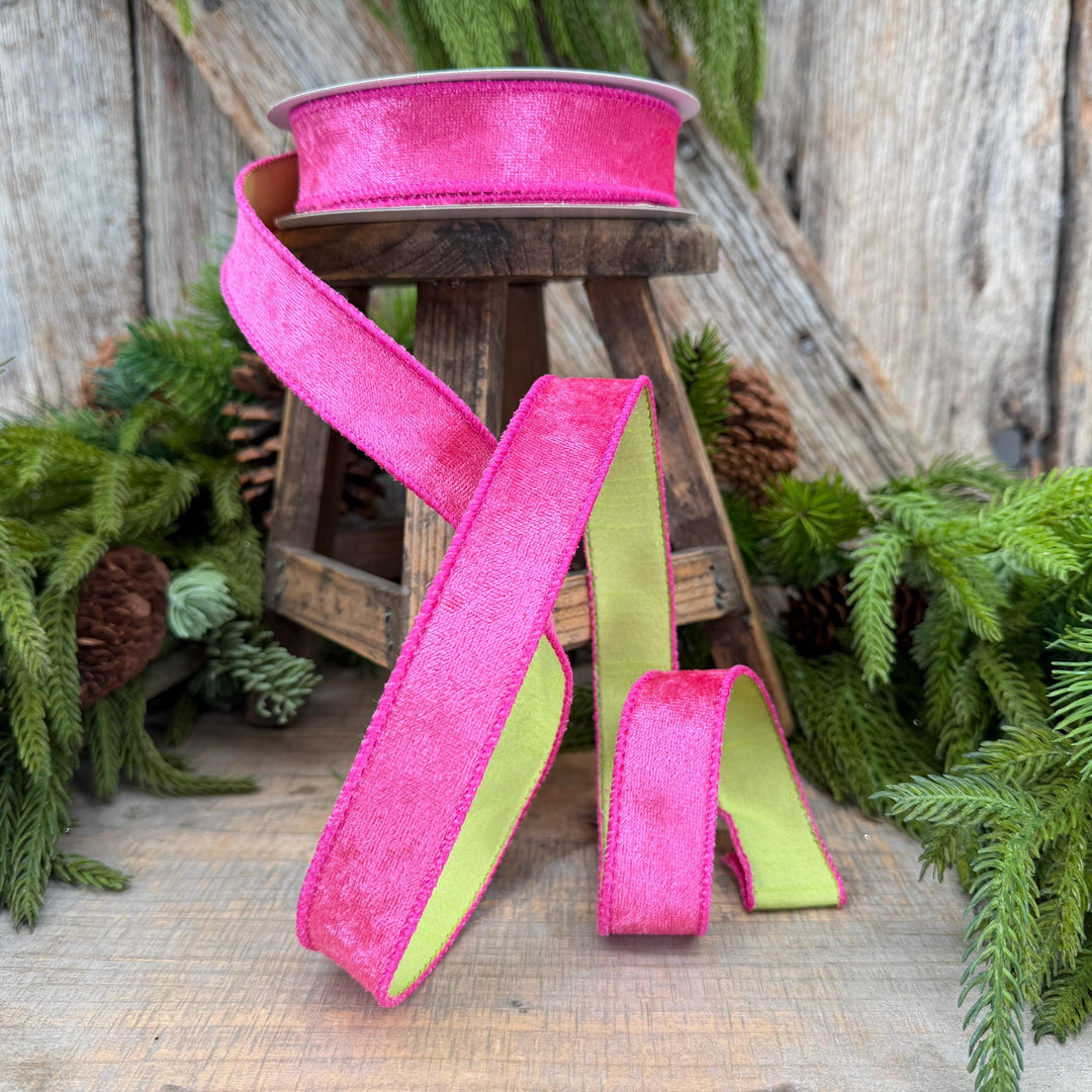 1" Hot Pink Velvet &amp; Lime Green Dupioni Double-Sided Wired Ribbon, 10 Yard Roll