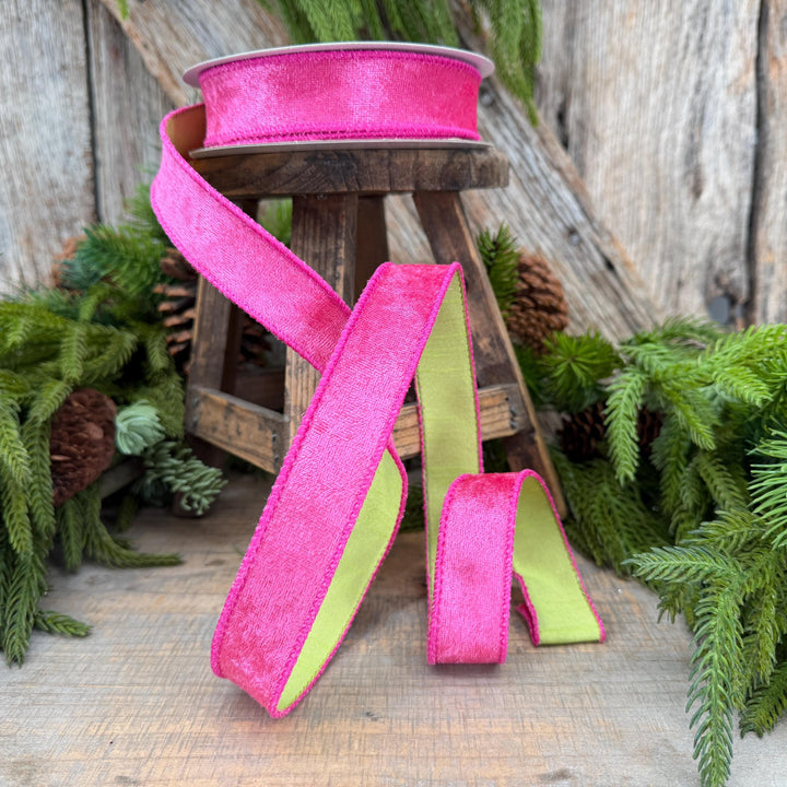 1" Hot Pink Velvet &amp; Lime Green Dupioni Double-Sided Wired Ribbon, 10 Yard Roll