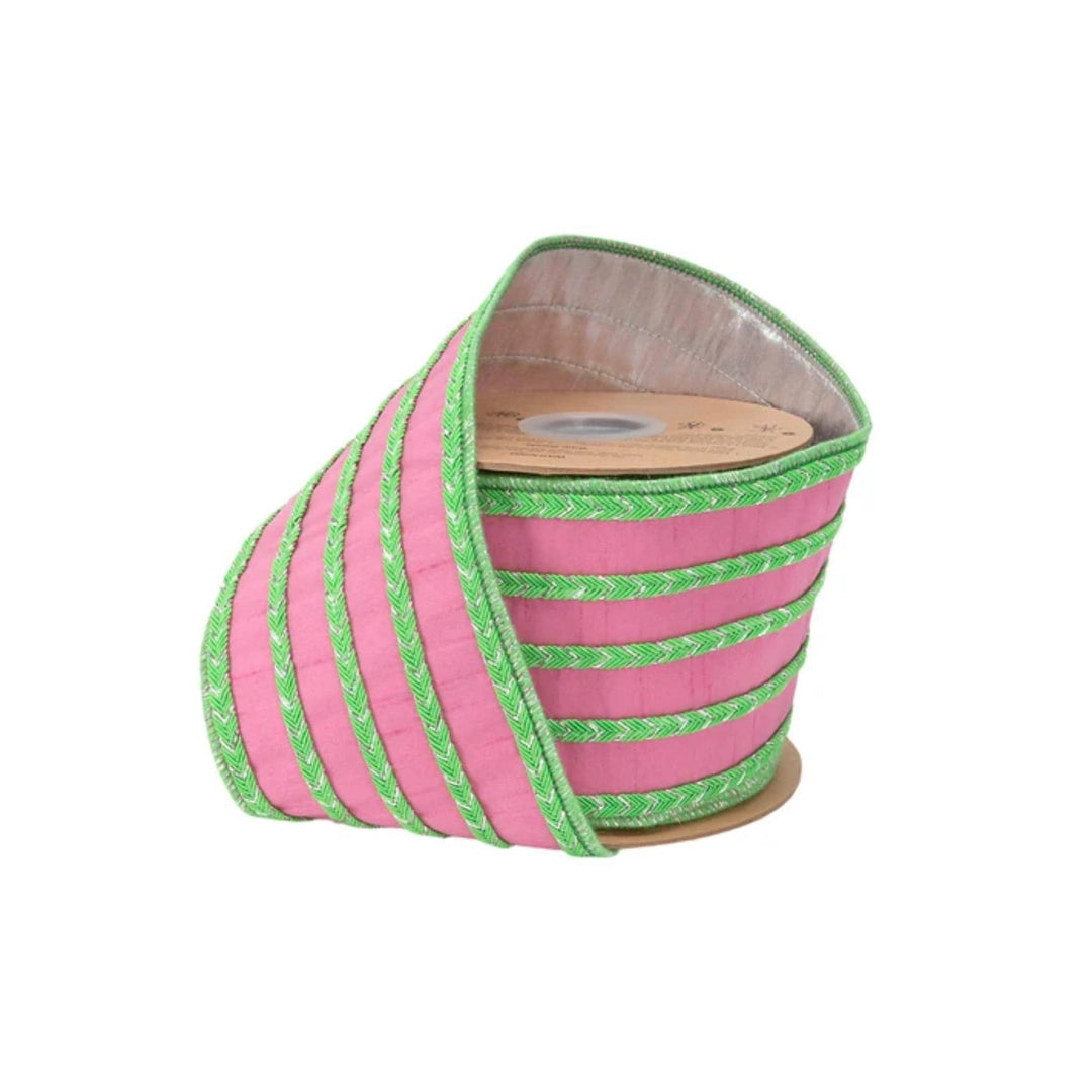 4" Pink Dupioni Wired Ribbon with Green Fiveway Trim &amp; Metallic Backing, 10 Yard Roll