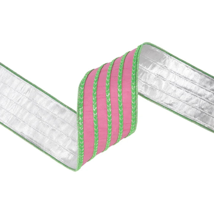 4" Pink Dupioni Wired Ribbon with Green Fiveway Trim &amp; Metallic Backing, 10 Yard Roll
