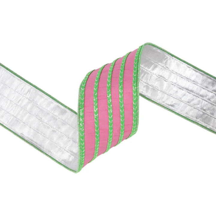 4" Pink Dupioni Wired Ribbon with Green Fiveway Trim &amp; Metallic Backing, 10 Yard Roll