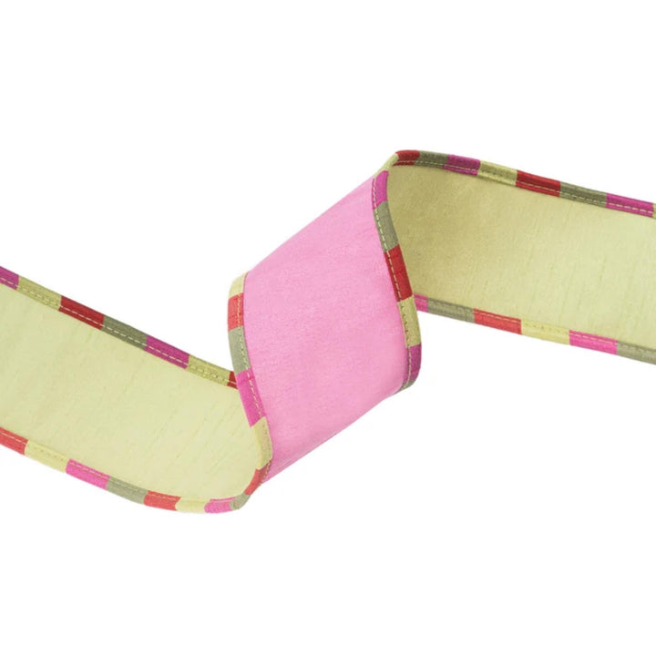 2.5" Pink &amp; Apple Green Reversible Dupioni Wired Ribbon with Aspen Check Trim, 10 Yard Roll