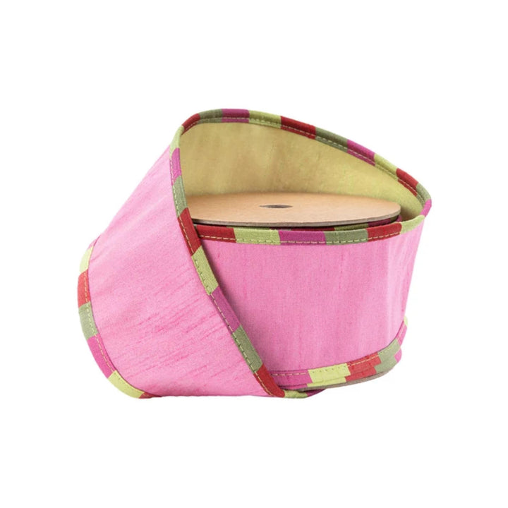 2.5" Pink &amp; Apple Green Reversible Dupioni Wired Ribbon with Aspen Check Trim, 10 Yard Roll