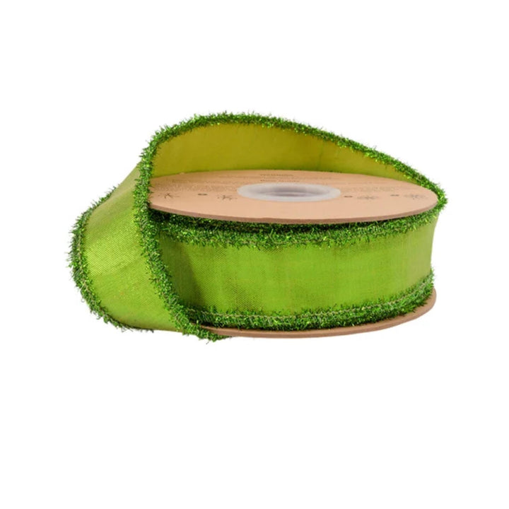 1.5" Metallic Lime Green Dupioni Wired Ribbon with Tinsel Edge, 10 Yard Roll
