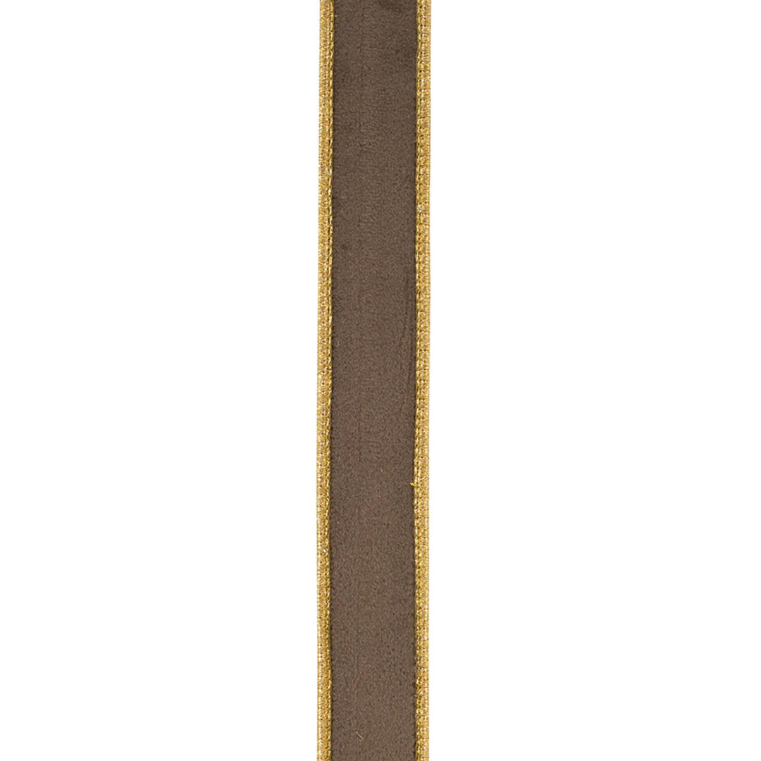 1" Brown Velvet Wired Ribbon with Gold Metallic Dupioni Backing, 5 Yard Roll