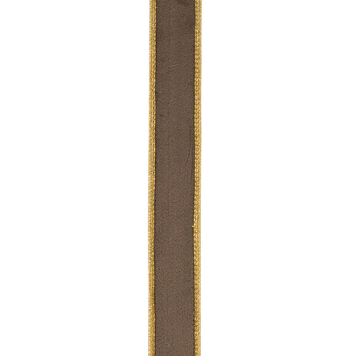 1" Brown Velvet Wired Ribbon with Gold Metallic Dupioni Backing, 5 Yard Roll