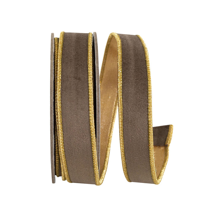 1" Brown Velvet Wired Ribbon with Gold Metallic Dupioni Backing, 5 Yard Roll
