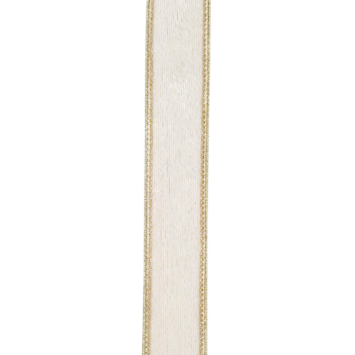 1" White Velvet Wired Ribbon with Gold Metallic Dupioni Backing, 10 Yard Roll