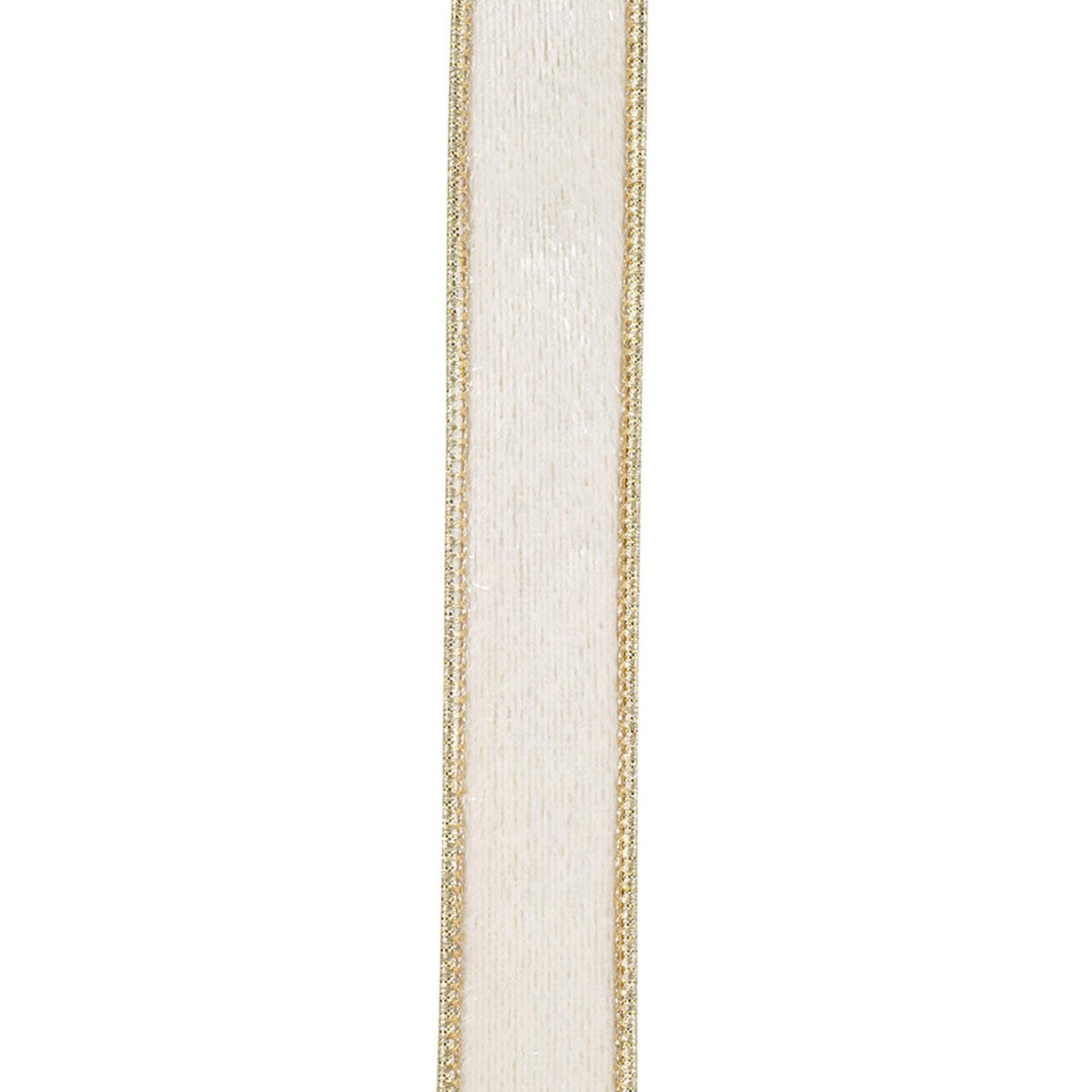 1" White Velvet Wired Ribbon with Gold Metallic Dupioni Backing, 10 Yard Roll