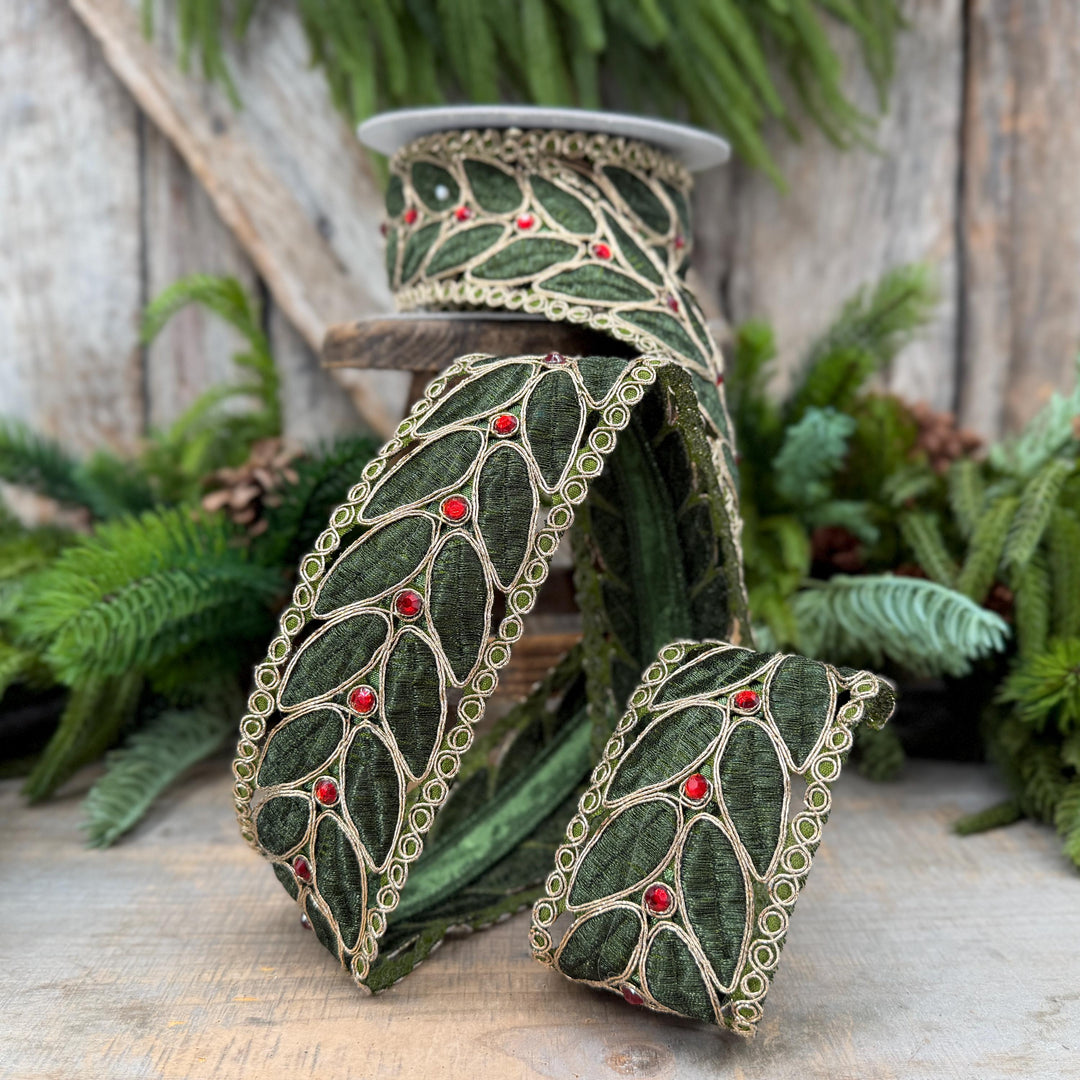 2.5" Olive Green Laurel Leaf Lace Ribbon, Gold Embroidered Christmas Ribbon with Red Jewels, 5 Yards