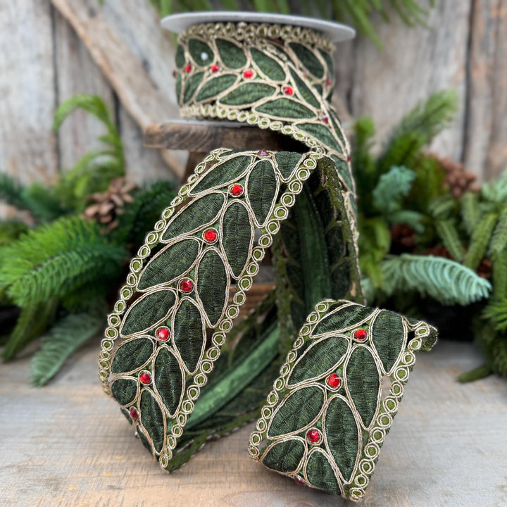 2.5" Olive Green Laurel Leaf Lace Ribbon, Gold Embroidered Christmas Ribbon with Red Jewels, 5 Yards