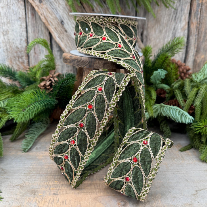 2.5" Olive Green Laurel Leaf Lace Ribbon, Gold Embroidered Christmas Ribbon with Red Jewels, 5 Yards